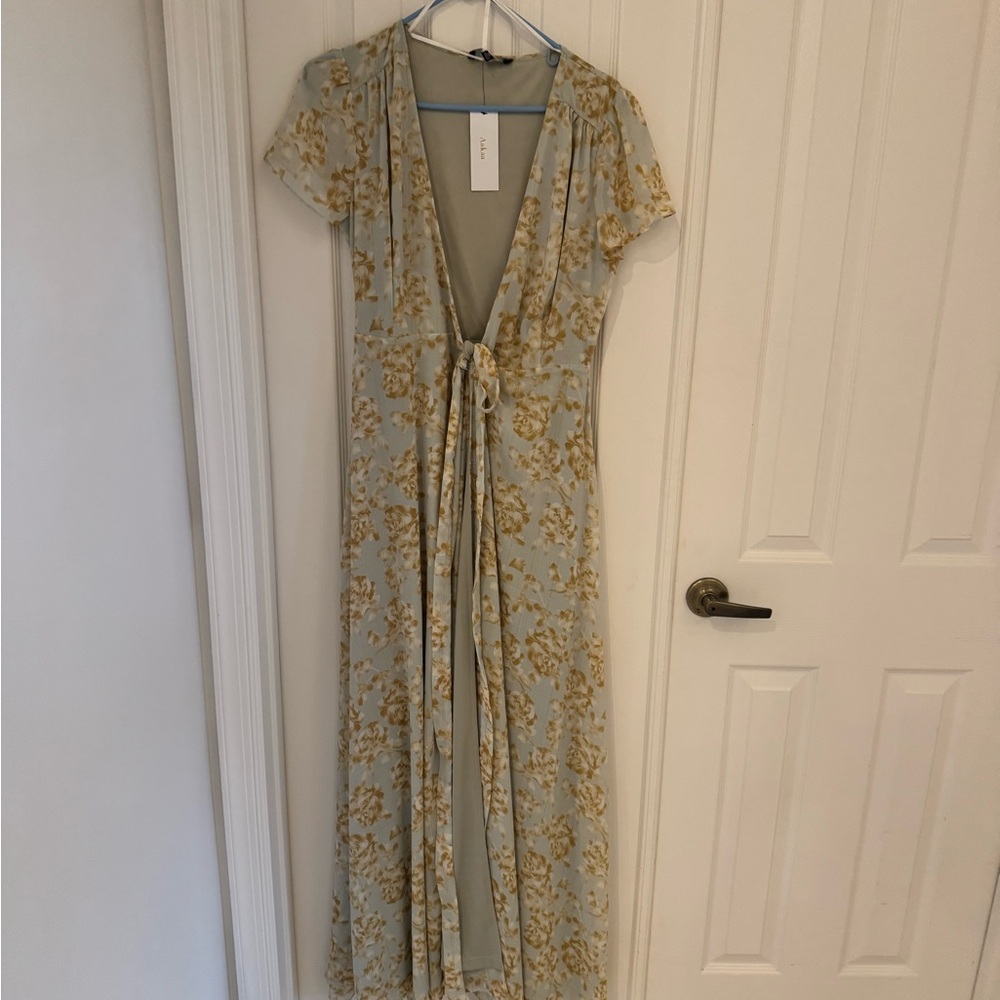 Aakaa Green Wrap Tie Front Maxi Dress with Flutter Sleeves